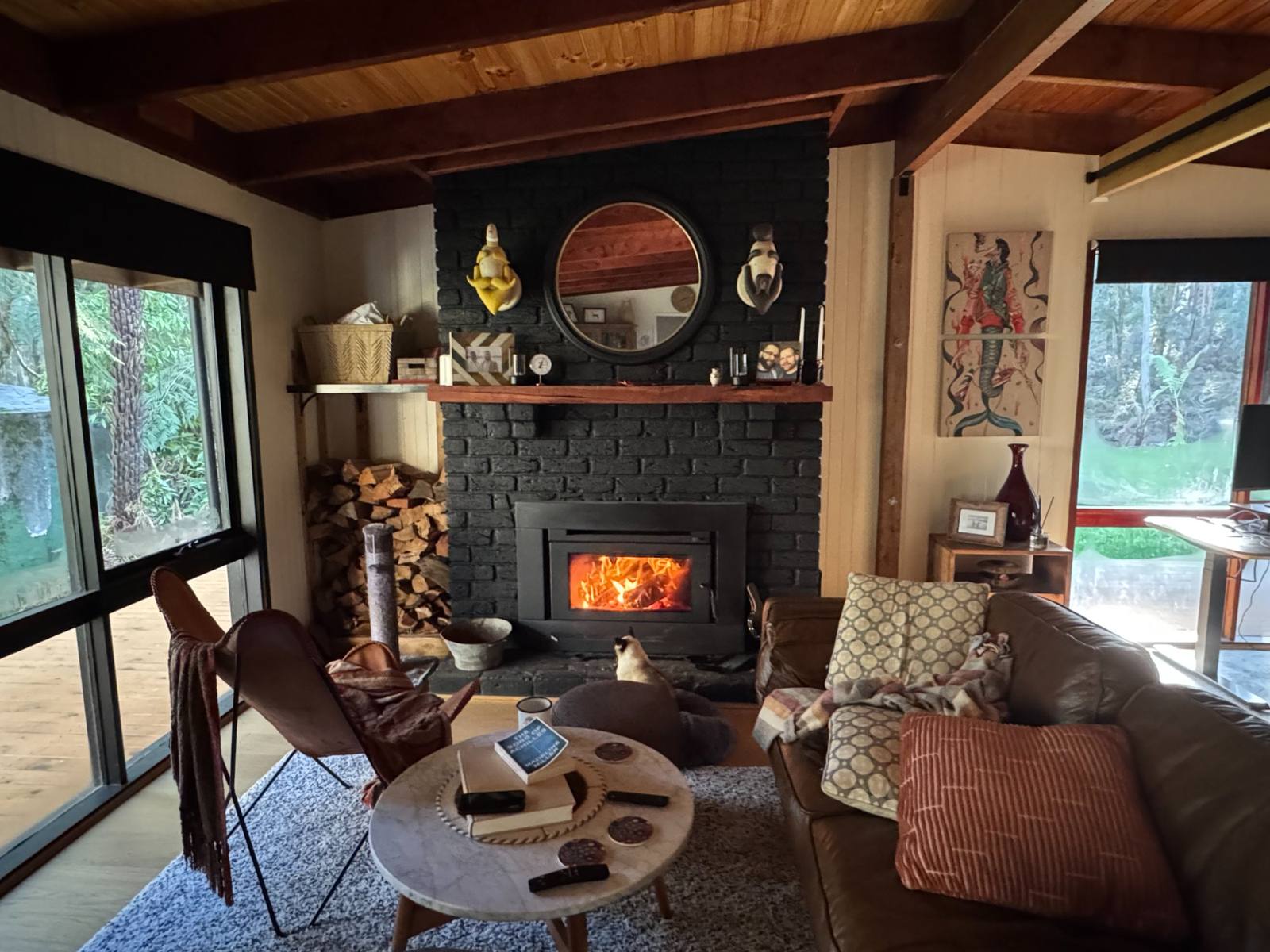 Open living area at Wilder Romp cabin — content creator filming space
